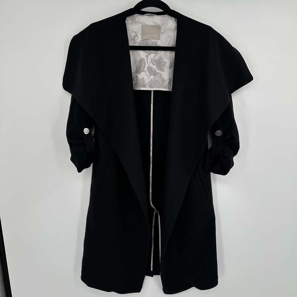 Soia & Kyo Coat Womens XXS Black Drape Front Waterfall Trench Roll‎ Tab Pockets